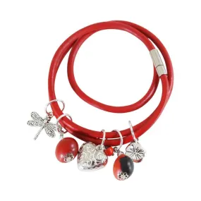 Good Luck Multi-Charm Leather Adjustable Bracelet/Necklace with Red & Black Seed Beads