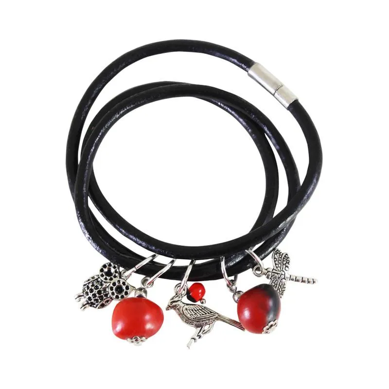 Good Luck Multi-Charm Leather Adjustable Bracelet/Necklace with Red & Black Seed Beads