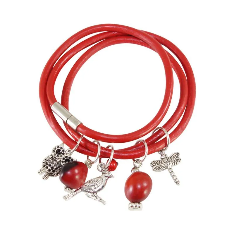 Good Luck Multi-Charm Leather Adjustable Bracelet/Necklace with Red & Black Seed Beads