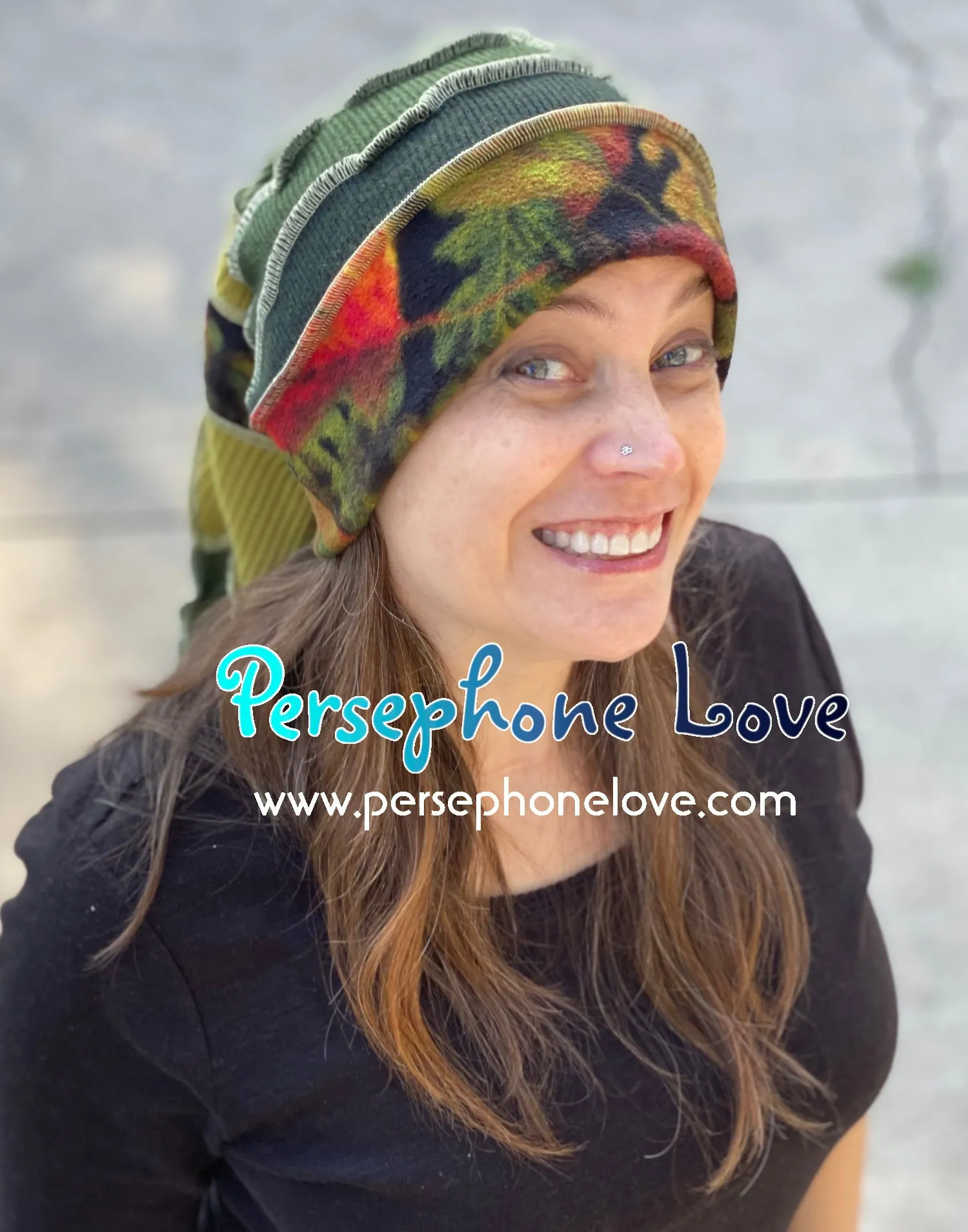 Katwise inspired green 100% cashmere/fleece patchwork elf jester hat-1480