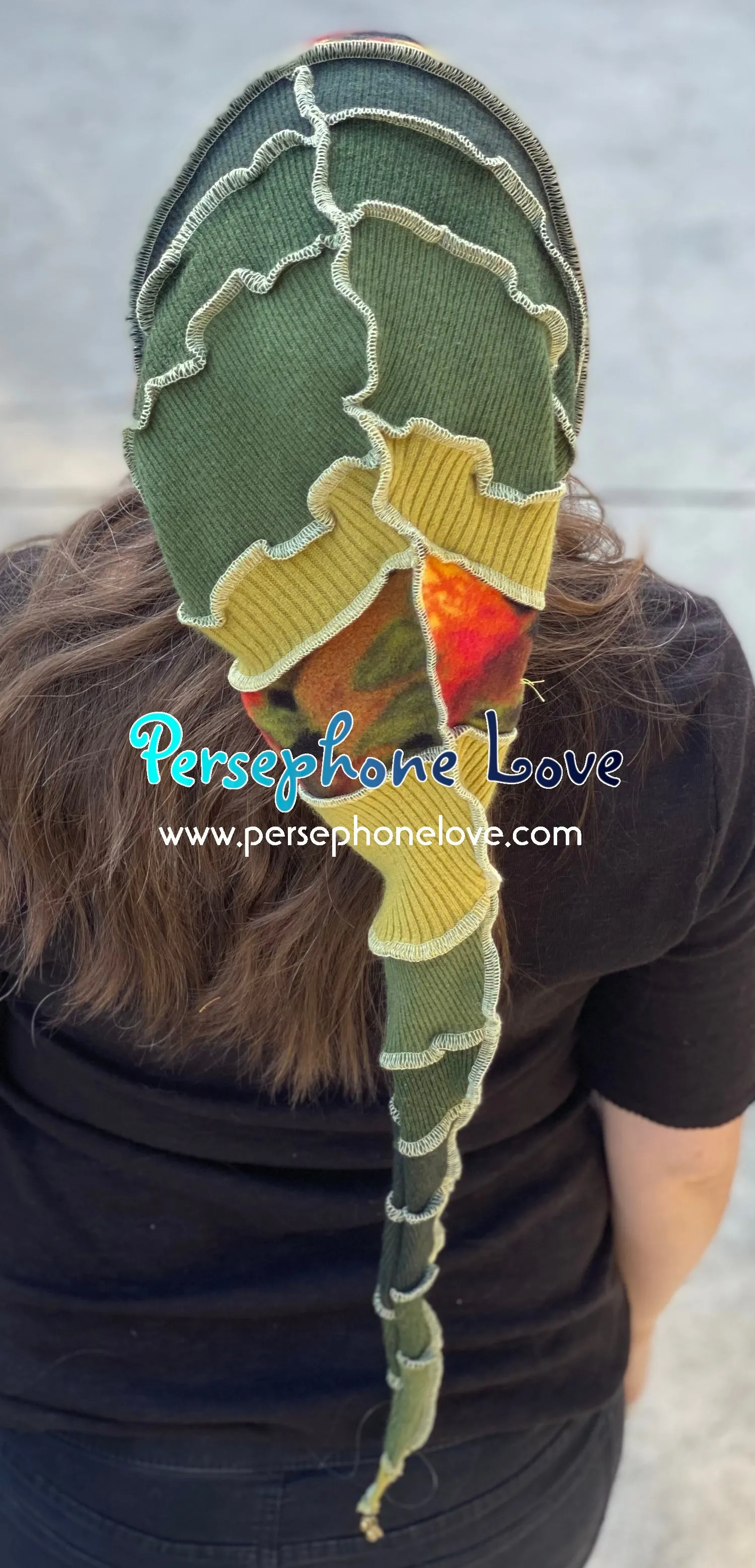 Katwise inspired green 100% cashmere/fleece patchwork elf jester hat-1480