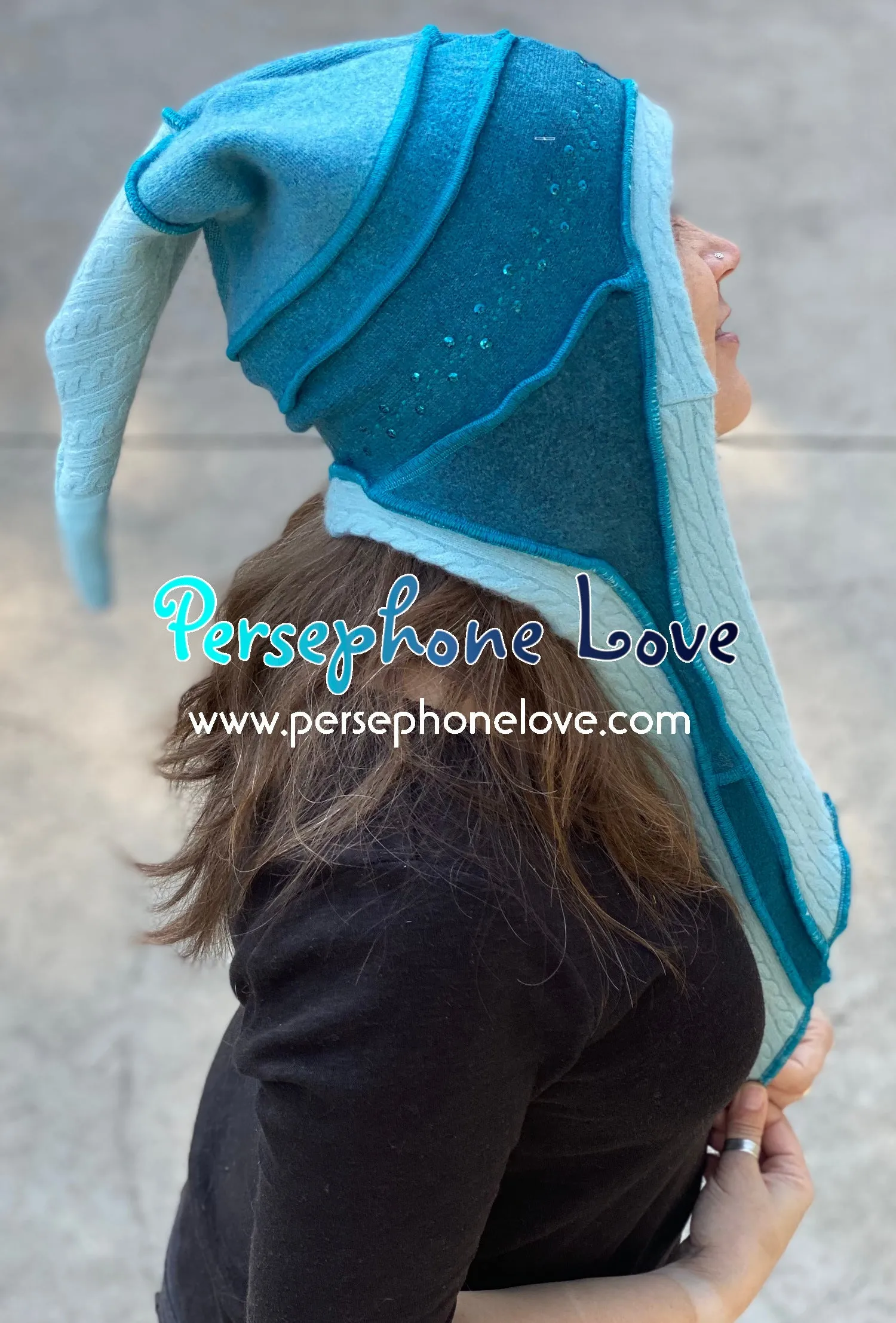 Katwise inspired teal felted 100% cashmere recycled patchwork sweater jester hat-1433