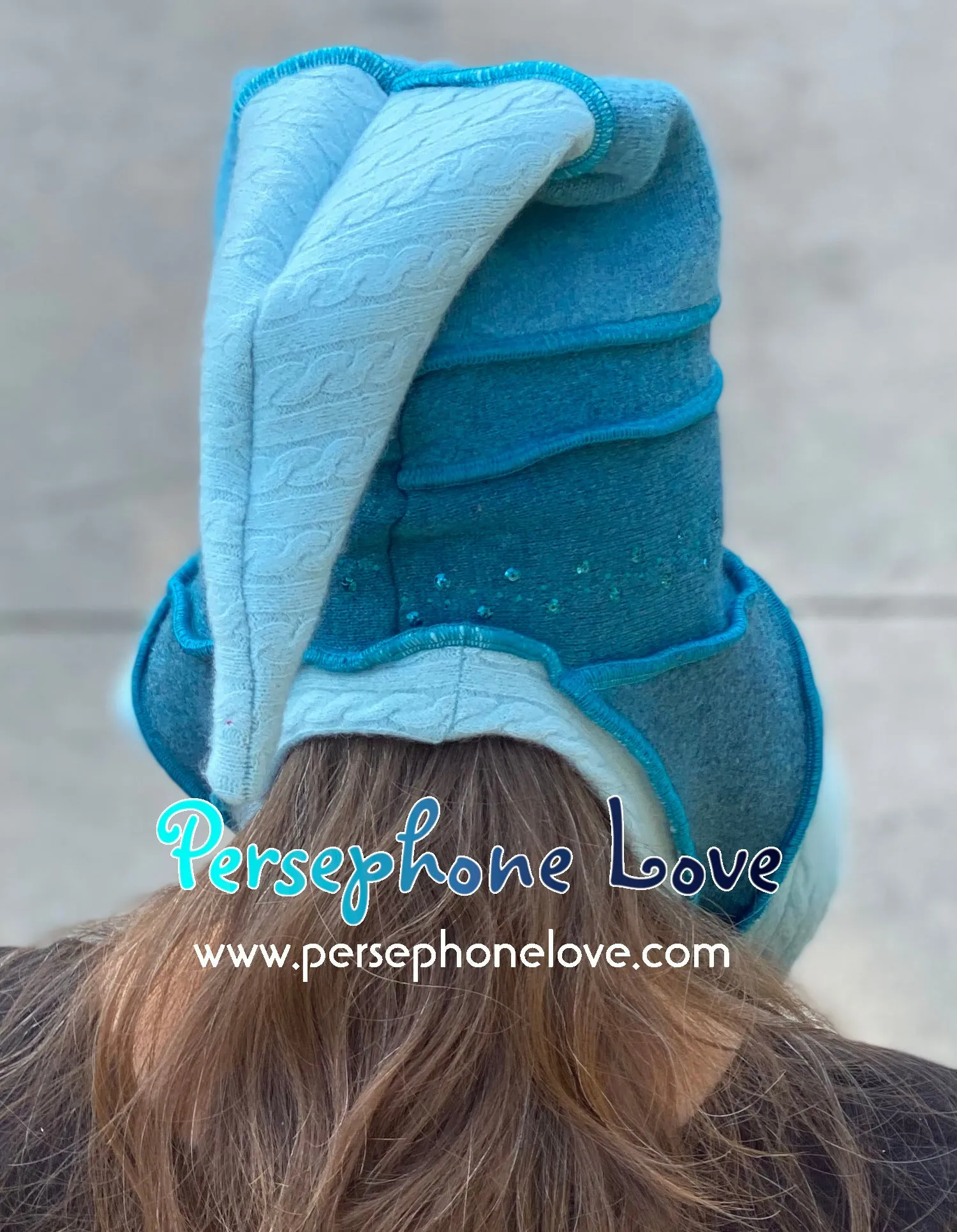 Katwise inspired teal felted 100% cashmere recycled patchwork sweater jester hat-1433