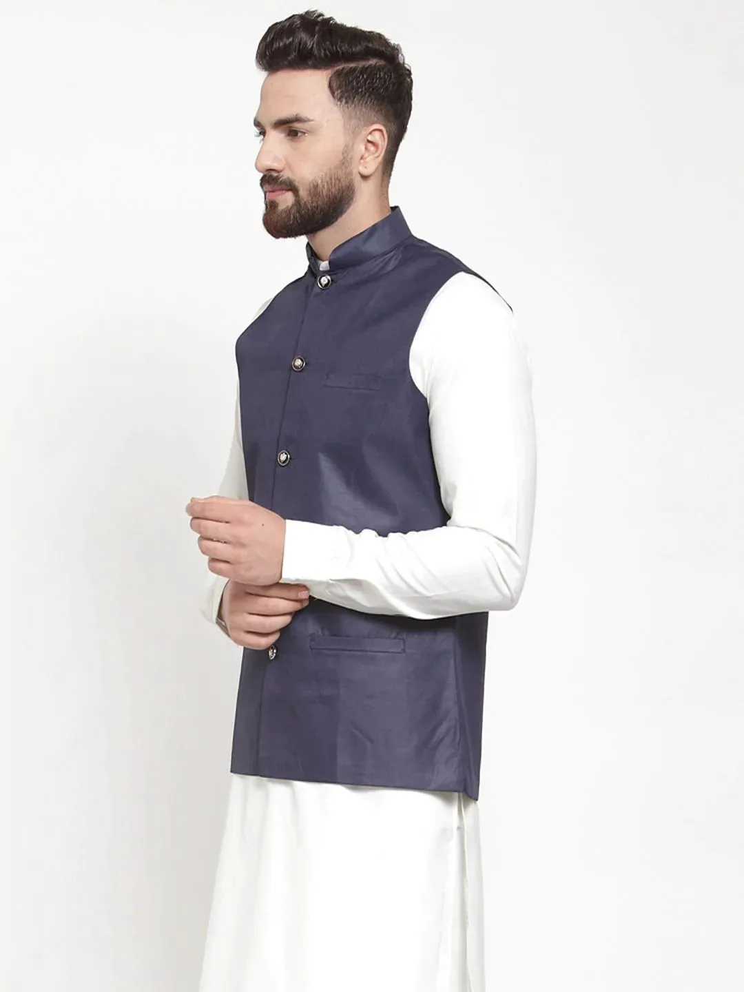Men Navy-Blue Solid Nehru Jacket