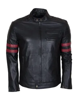 Men's Black Leather Biker Jacket with Red Stripes Genuine Leather Jacket