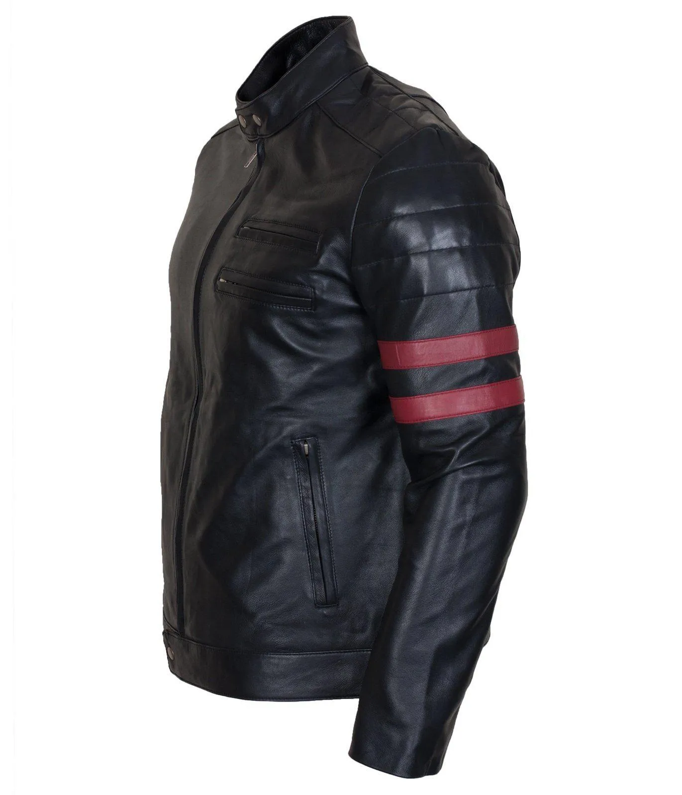 Men's Black Leather Biker Jacket with Red Stripes Genuine Leather Jacket