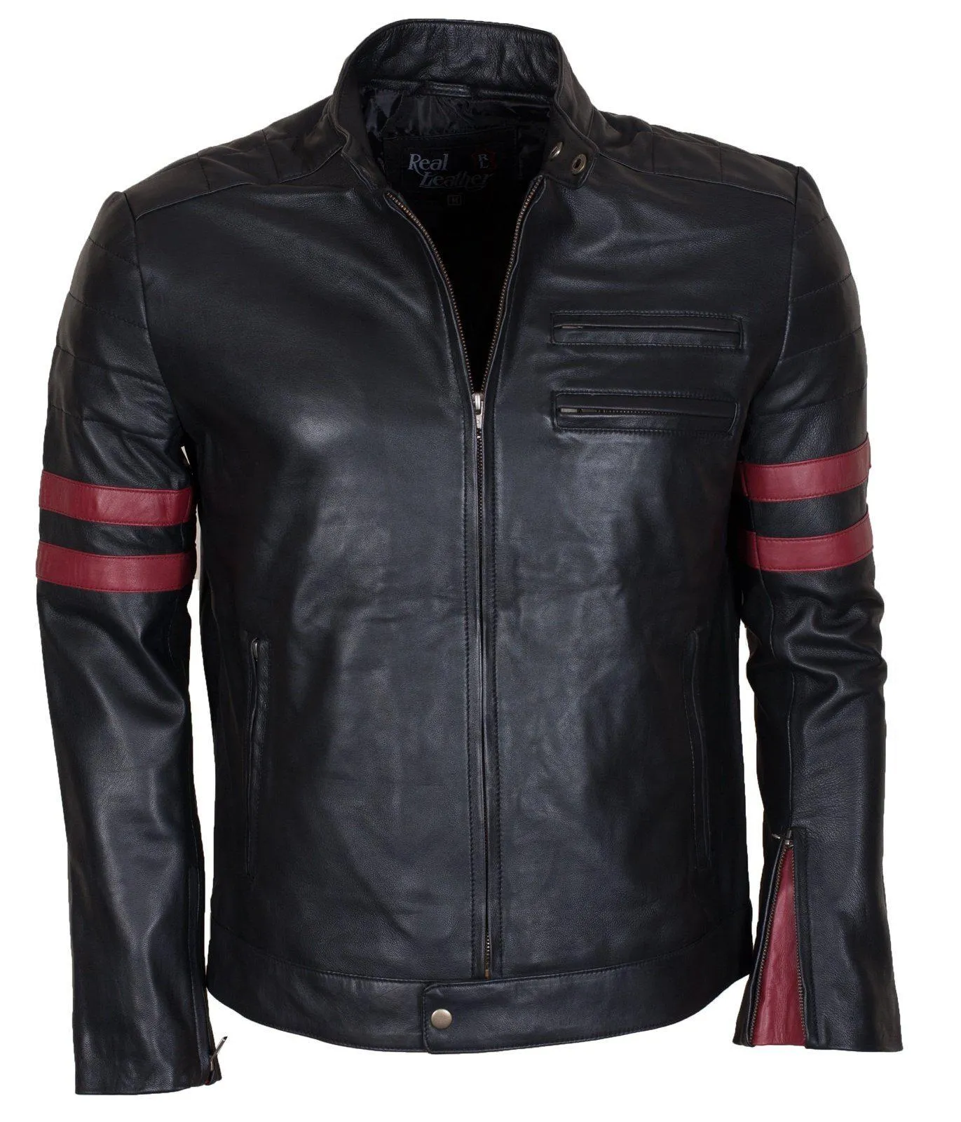 Men's Black Leather Biker Jacket with Red Stripes Genuine Leather Jacket