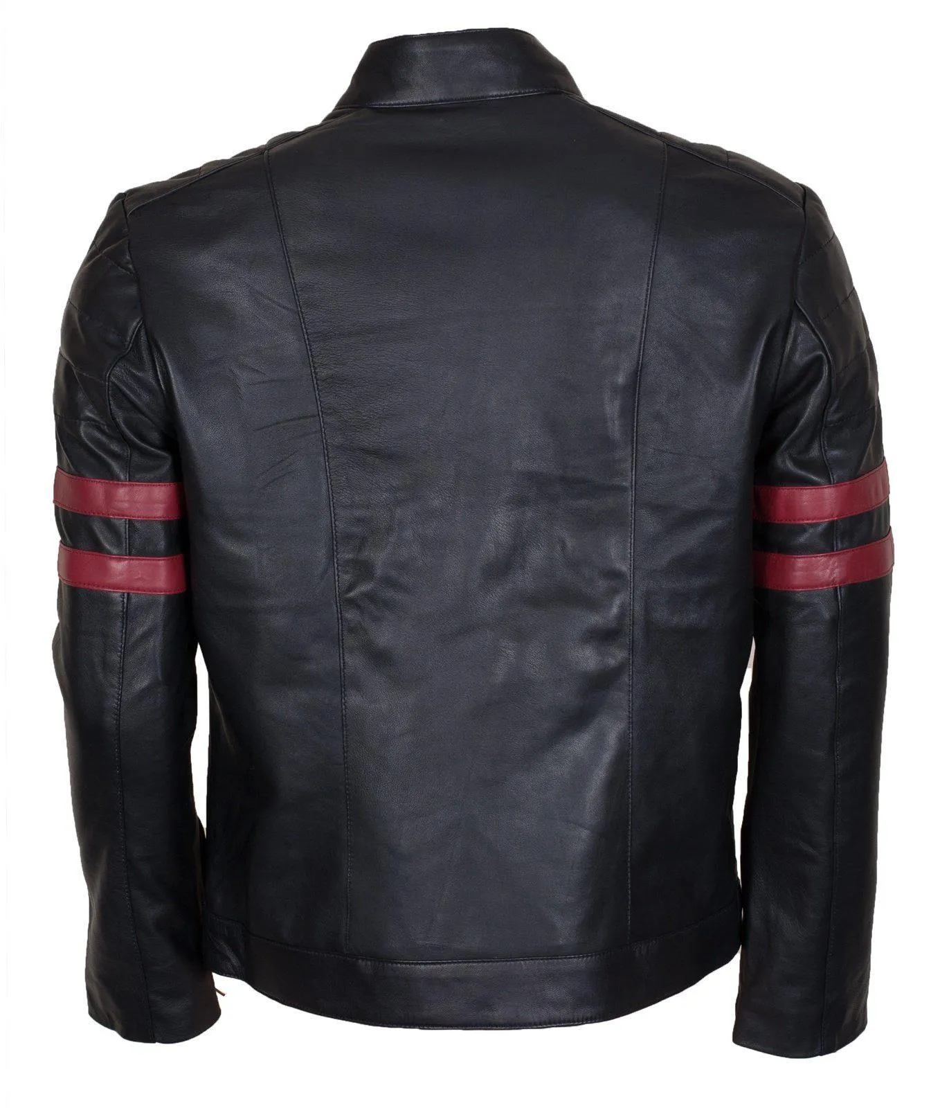 Men's Black Leather Biker Jacket with Red Stripes Genuine Leather Jacket