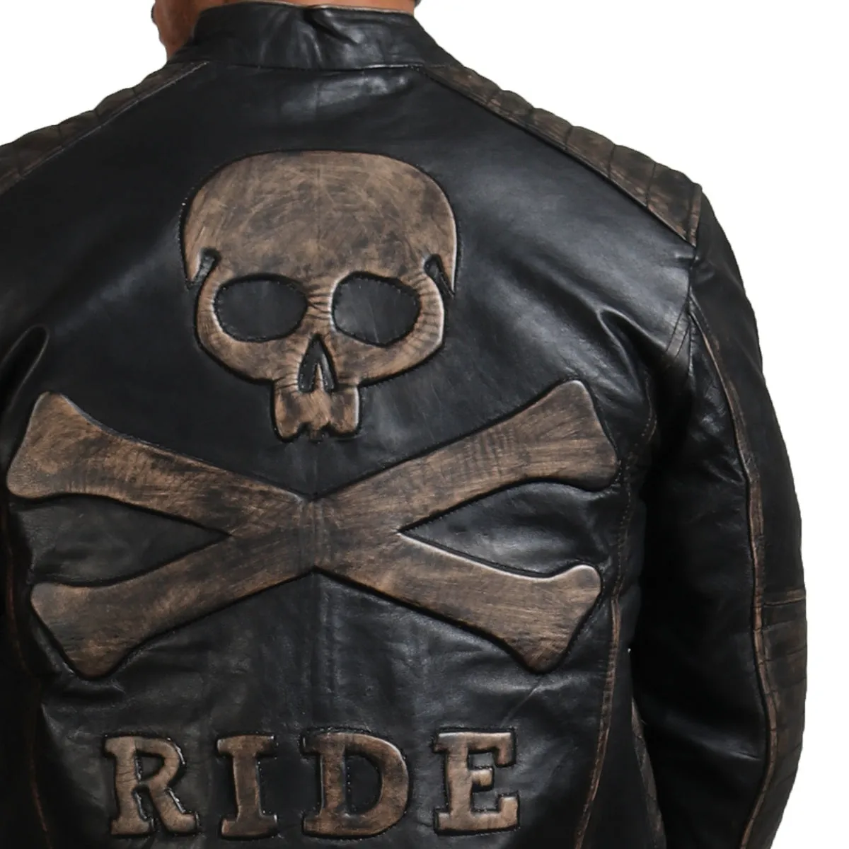 Men's Distressed Skull Leather Jacket with Ride Emblem