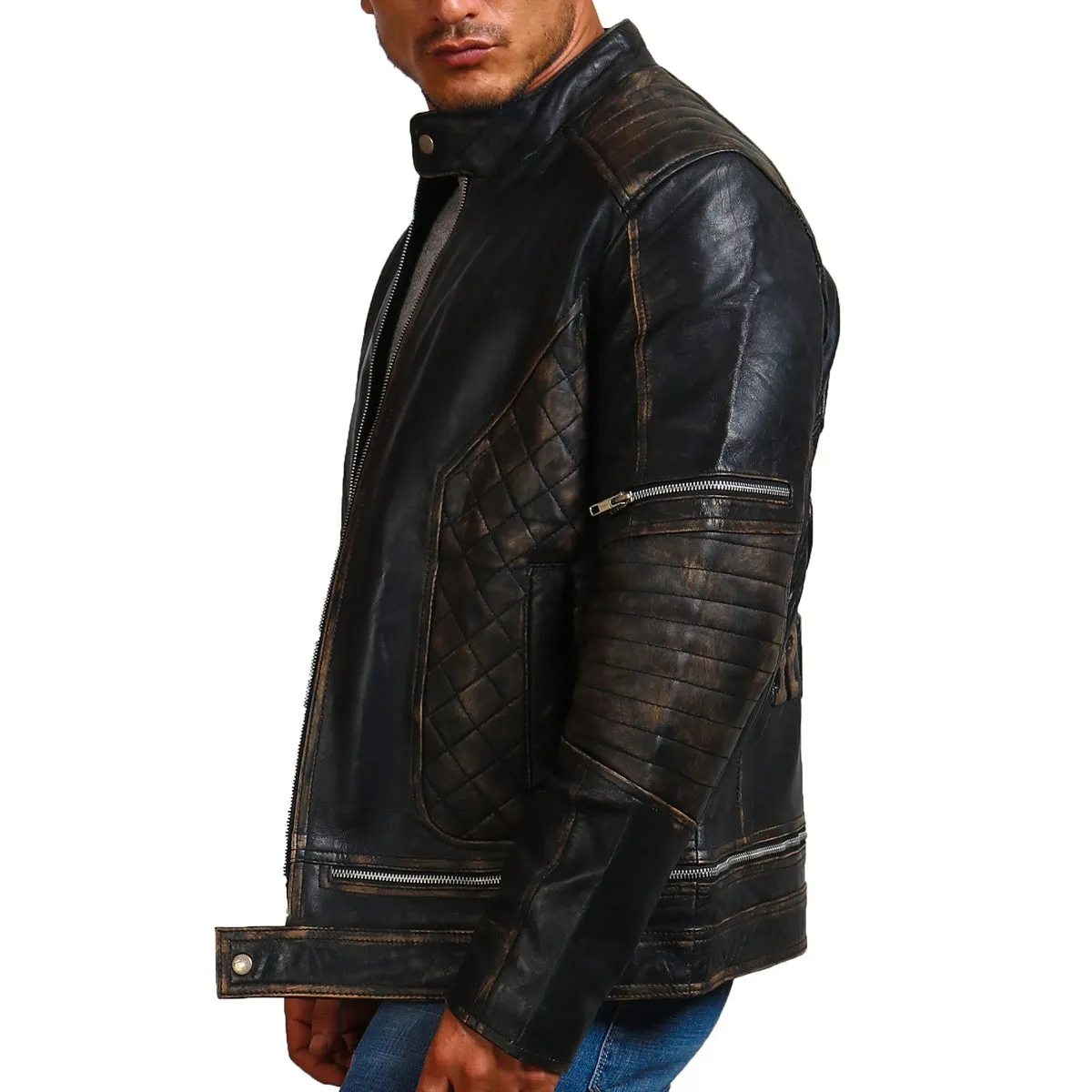 Men's Distressed Skull Leather Jacket with Ride Emblem