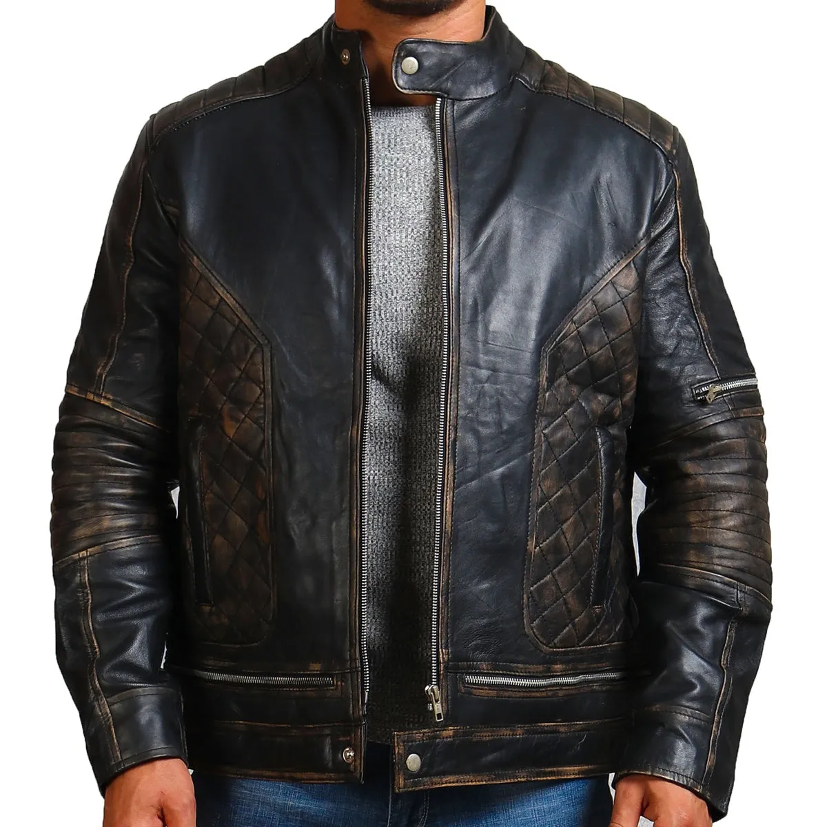 Men's Distressed Skull Leather Jacket with Ride Emblem