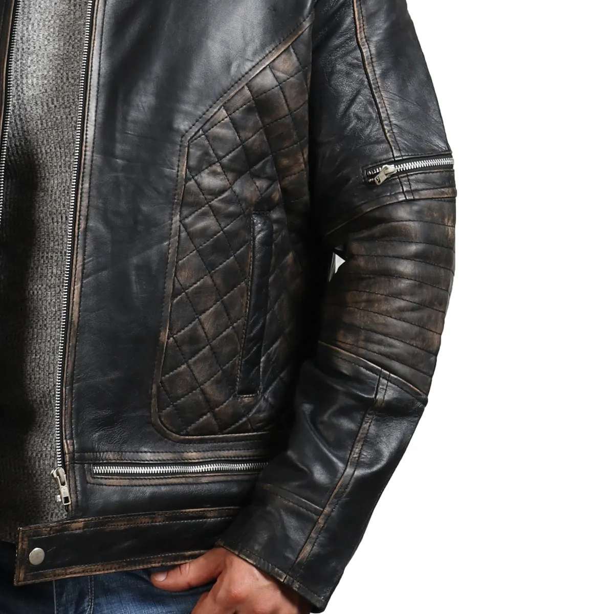 Men's Distressed Skull Leather Jacket with Ride Emblem