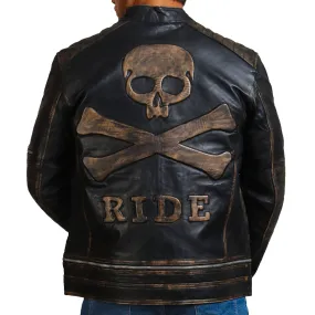 Men's Distressed Skull Leather Jacket with Ride Emblem