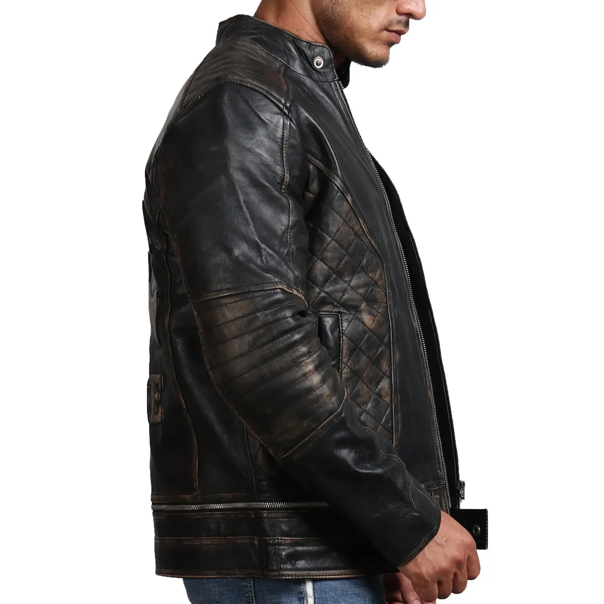 Men's Distressed Skull Leather Jacket with Ride Emblem