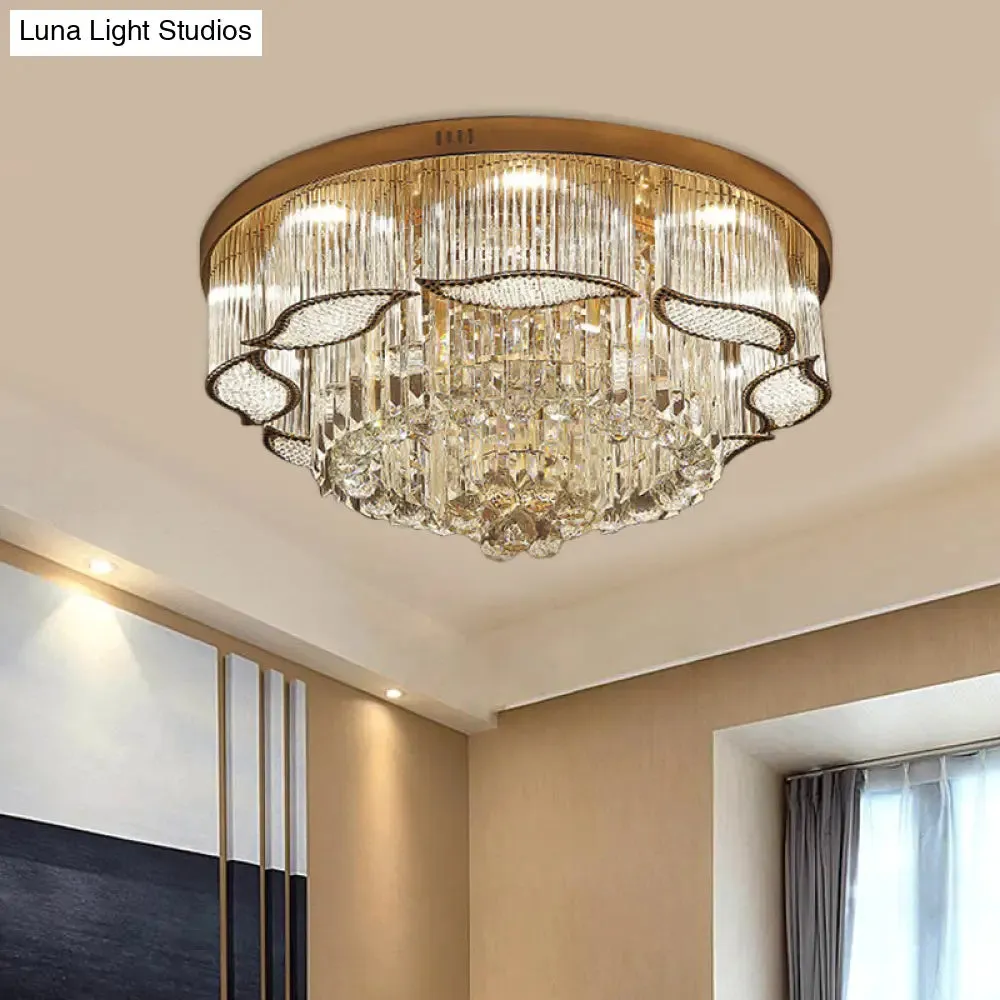 Modern Crystal Lobby LED Flush Mount Ceiling Light with Gold Leaf-Edge Layer