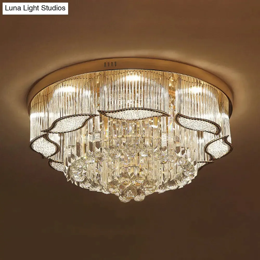 Modern Crystal Lobby LED Flush Mount Ceiling Light with Gold Leaf-Edge Layer