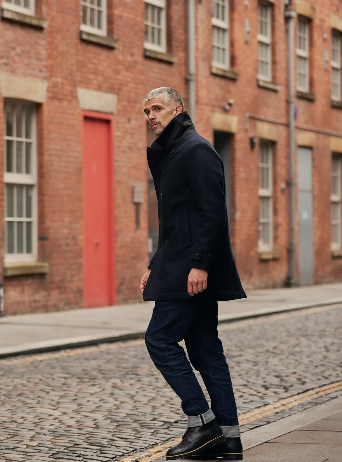 Pure Wool Quilted Peacoat Midnight Blue