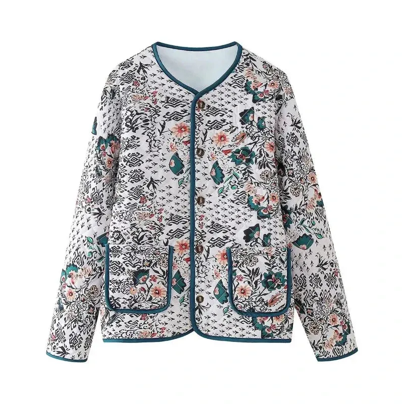 Wenkouban-Winter outfits Christmas O-Neck Blue Flower Button Up Quilted Jacket