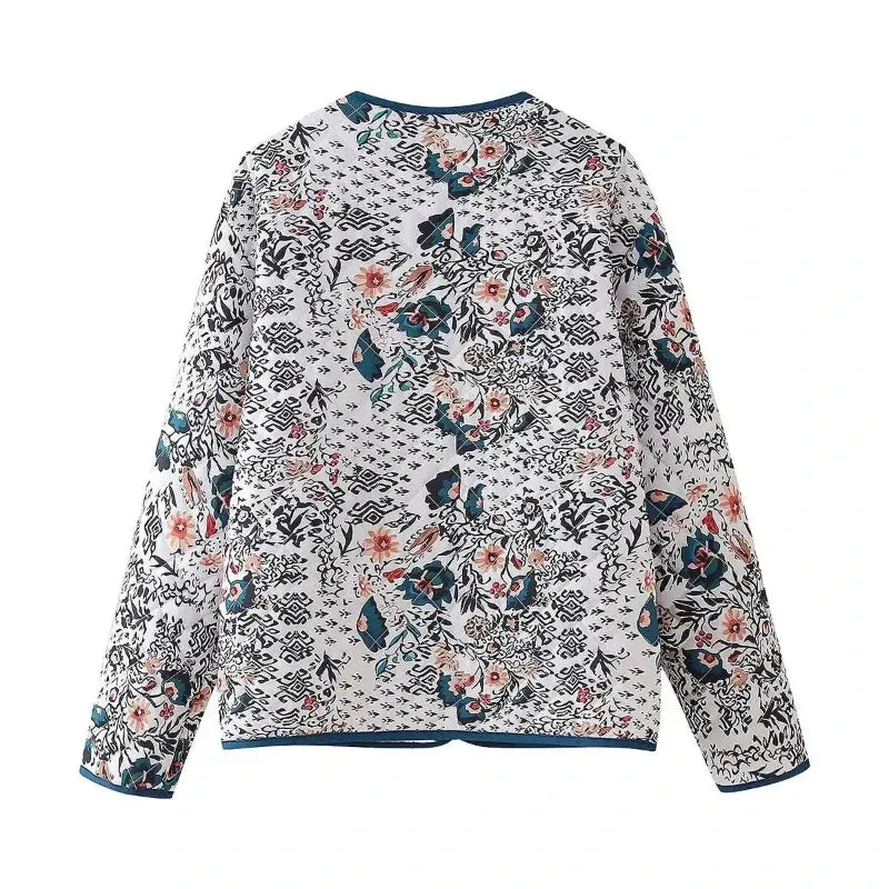 Wenkouban-Winter outfits Christmas O-Neck Blue Flower Button Up Quilted Jacket