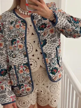 Wenkouban-Winter outfits Christmas O-Neck Blue Flower Button Up Quilted Jacket